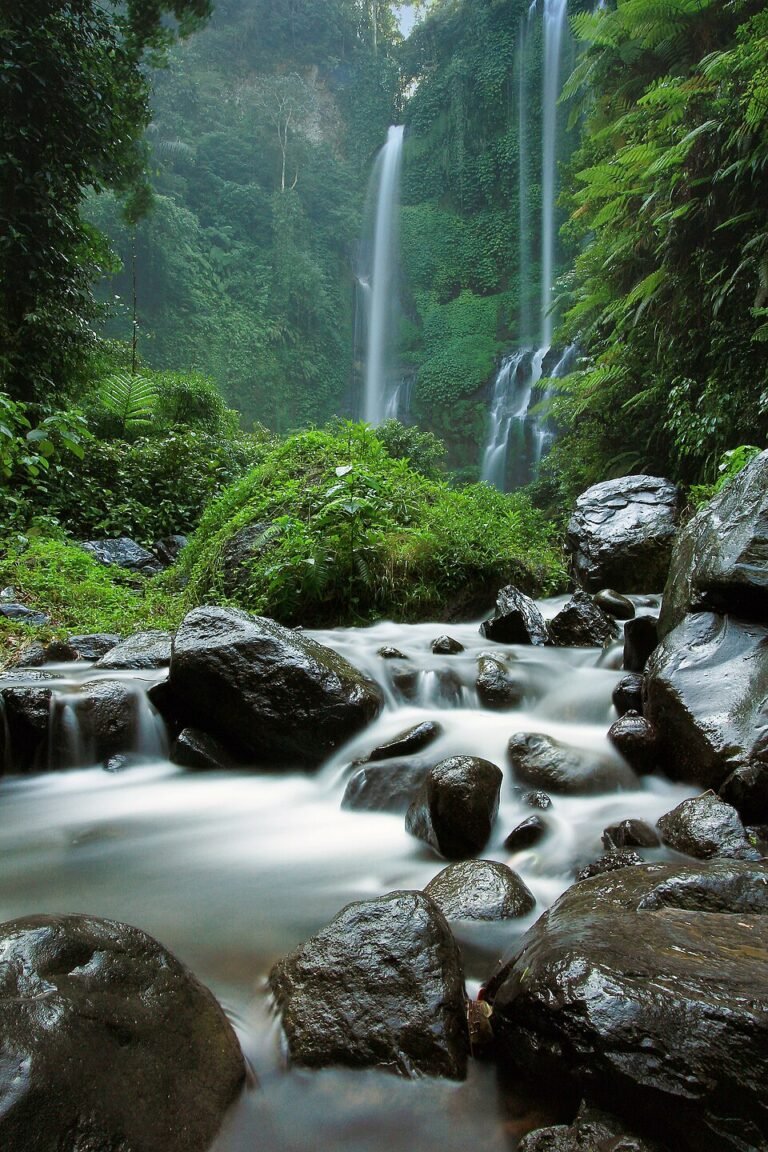Sekumpul waterfalls and the rocky river in Buleleng, Bali