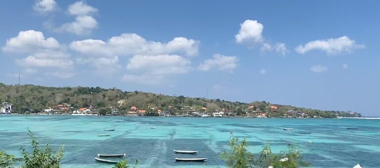Seaweed farms in the channel between Nusa Ceningan and Nusa Lembongan at high tide.