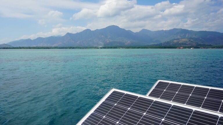 Solar panels and coastal view at a coral nursery in Pemuteran, Bali