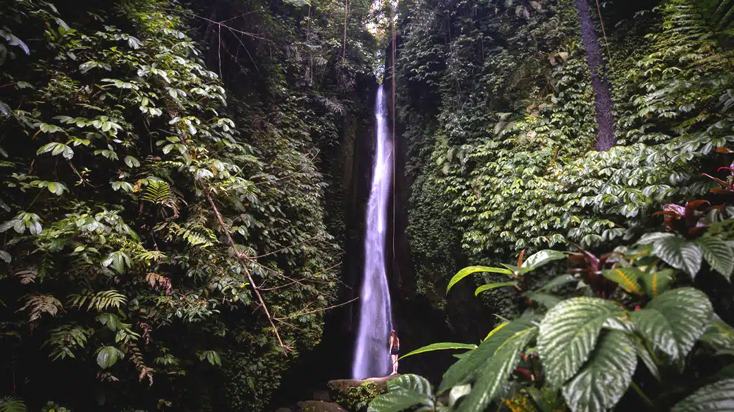 A secluded Leke-leke Waterfall cascading through Bali's lush rainforest.