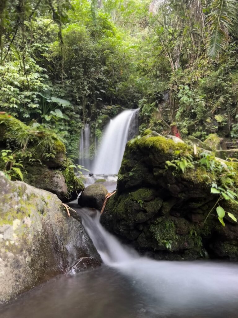 Yeh Hoo Waterfall flowing between moss-covered rocks in Jatiluwih, Bali